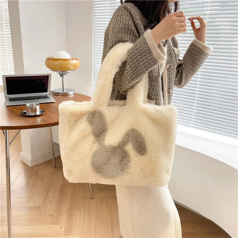 Cartoon rabbit ears plush shoulder tote bag in solid colour with large capacity
