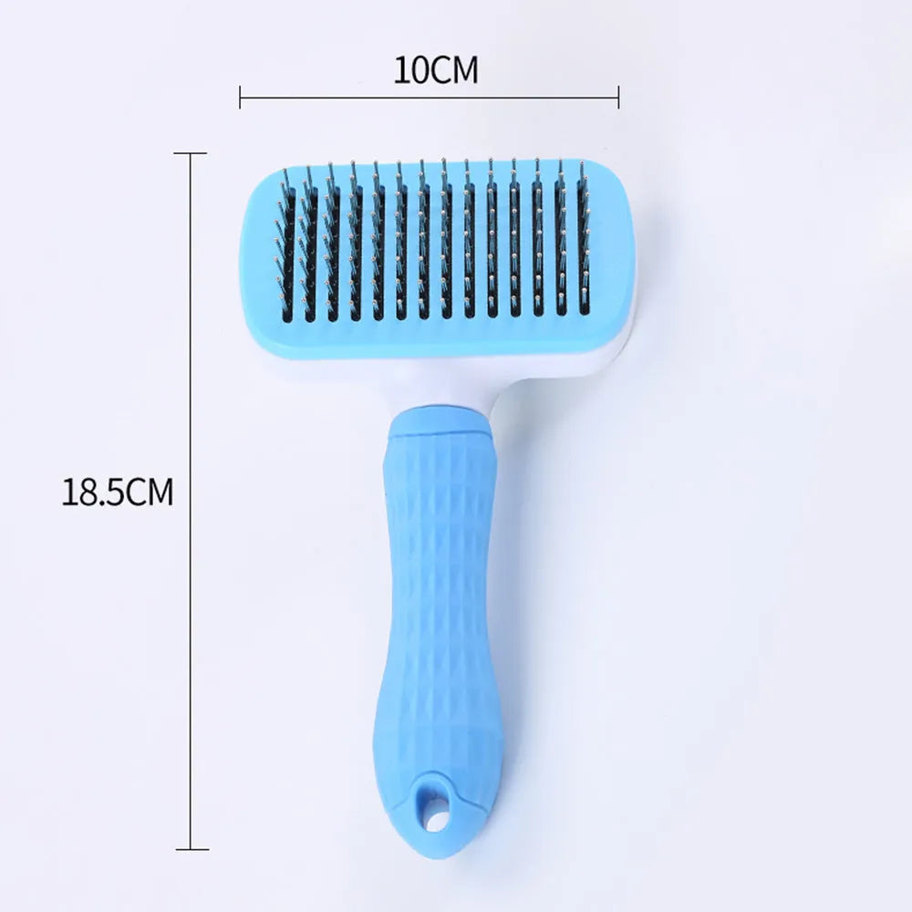 Pet self-cleaning comb with thick steel needles, blue handle, 18.5cm length, for dogs and cats