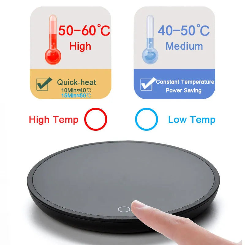 Black adjustable temperature cup warmer with tempered glass surface and low/high switch