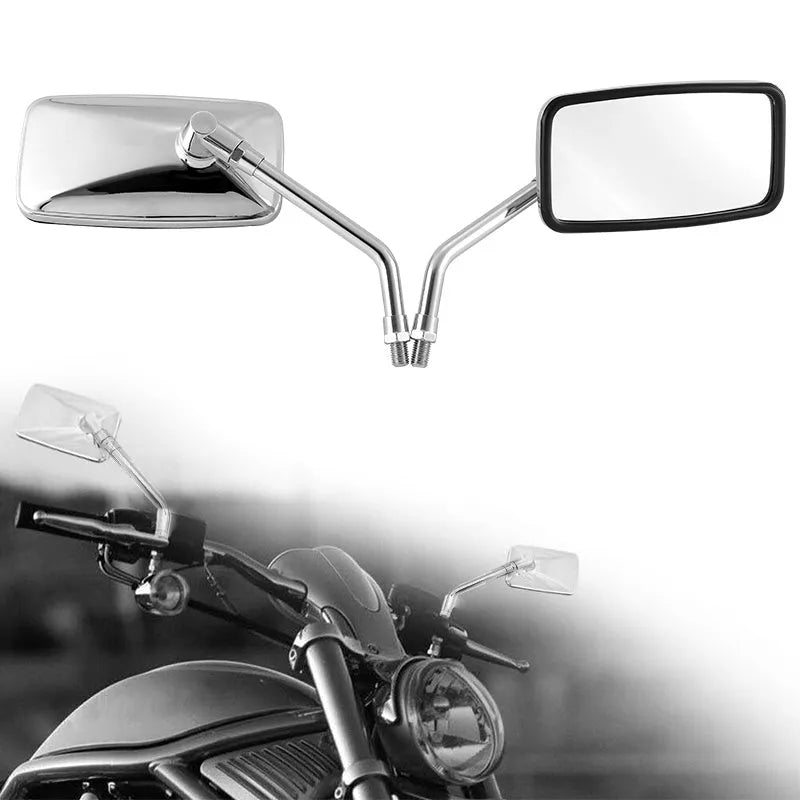 Silver all-metal motorcycle rearview mirror with convex lens on a dark background