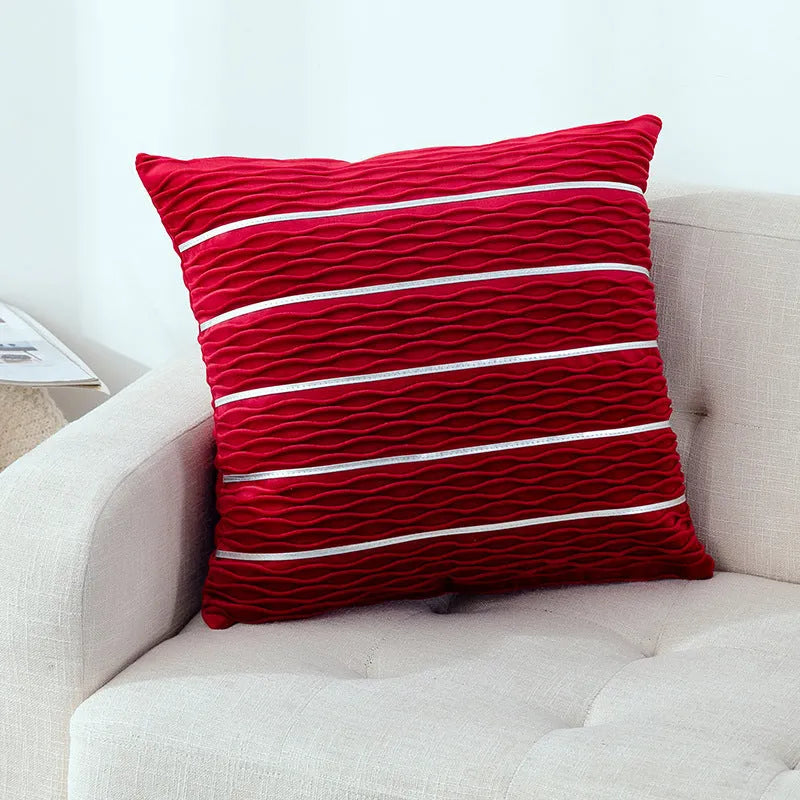 Striped plush velvet pillow cover for sofa in various colours on a 45x45 cm cushion.