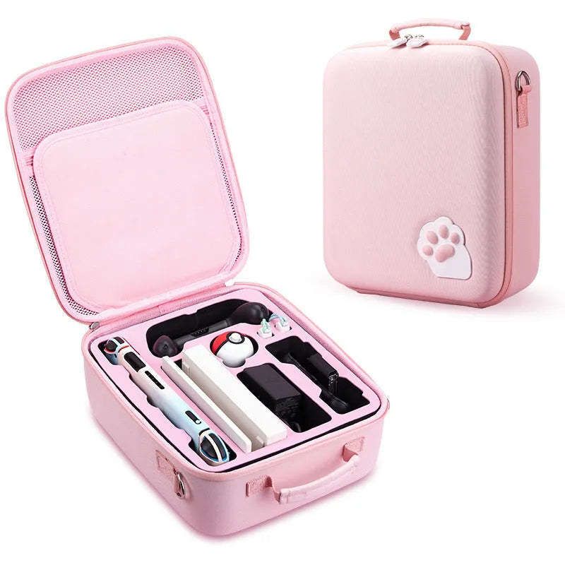 Nintendo Switch accessory storage bag in black, blue, or pink with game cartridge slots and a carrying strap.