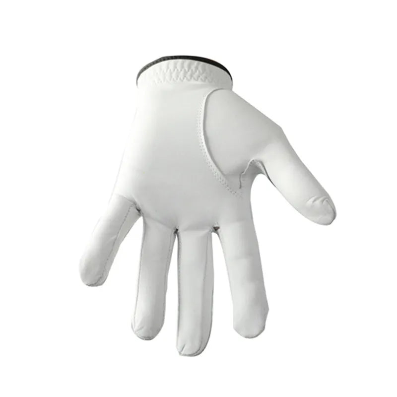 A white half sheepskin men's golf glove laid flat, showing the palm and finger design.