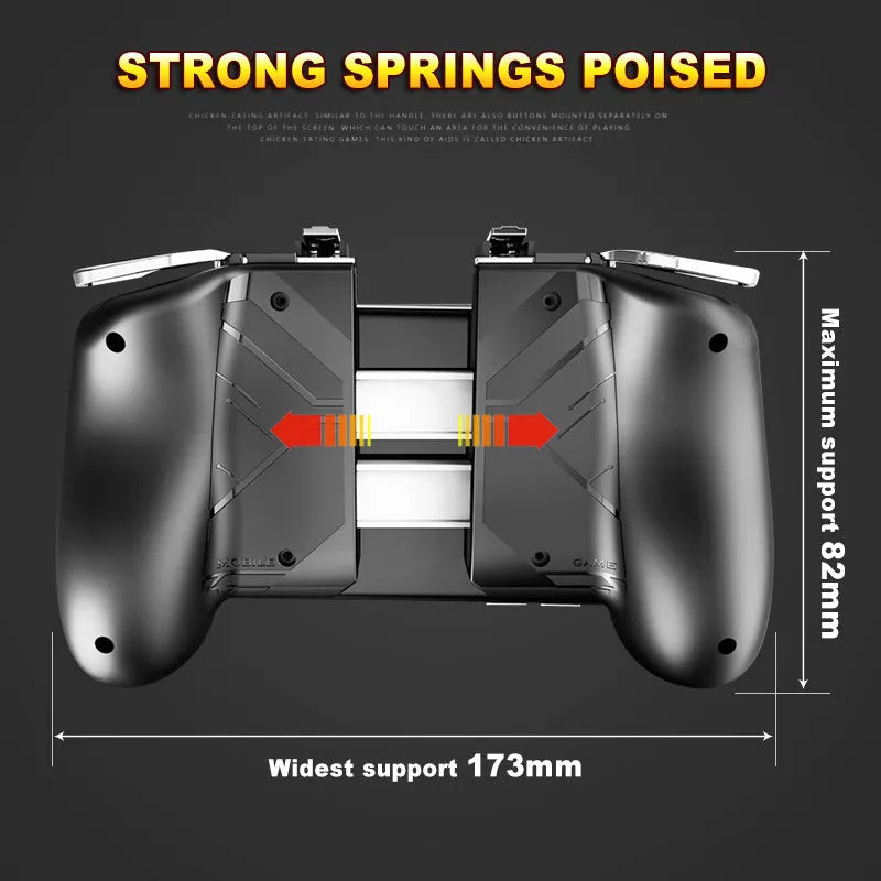 Multifunctional mobile game handle for smartphones in black, blue, and white colour options.