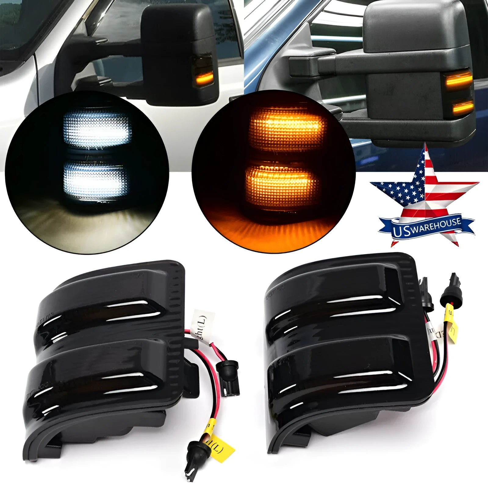 Ford F250 F350 F450 F550 3-grid LED front mirror lights with clear shell and yellow-white running water mode