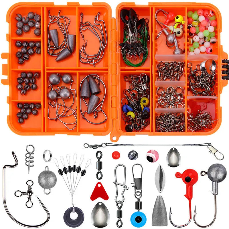 Weihe 257-piece fishing lure accessories set in an orange or black ABS plastic tackle box.