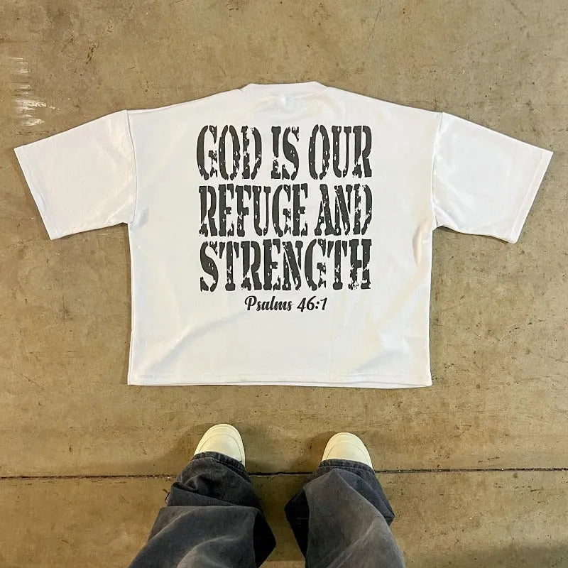 Cotton short sleeve T-shirt with retro street style printed design and drop-shoulder sleeves