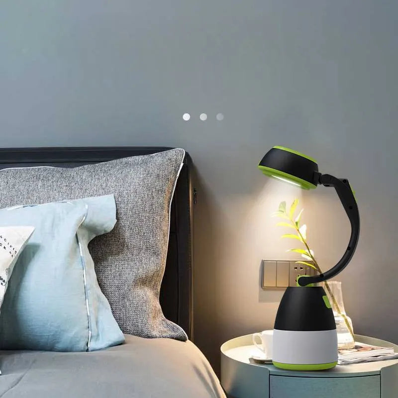 Black green three-in-one LED camping lamp with adjustable lighting angles and USB charging port