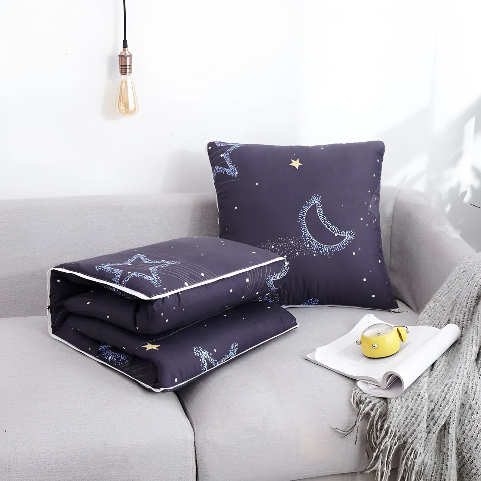 Set of decorative car pillow covers in Chinese style with cotton polyester blend in blue, gray, strawberry pie, car, stars, and whale colours.