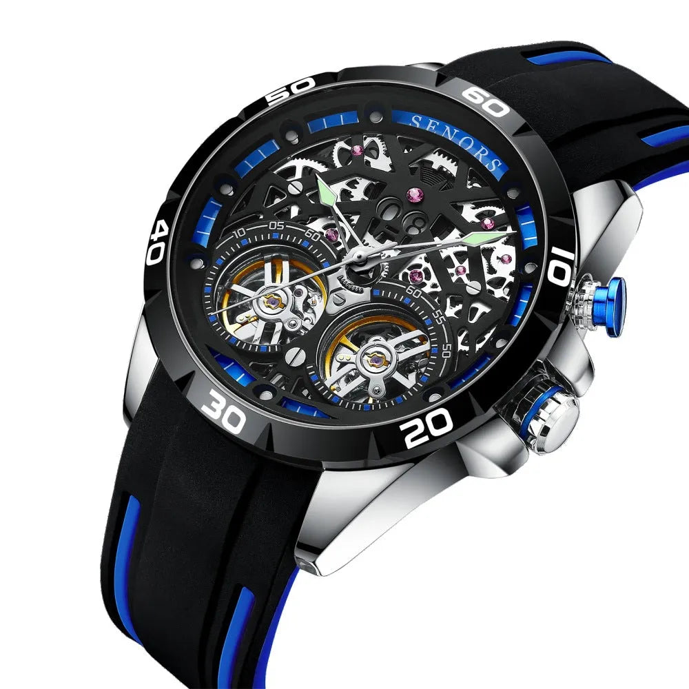Men's automatic mechanical watch with luminous dial and hollow case design in red and blue colour options