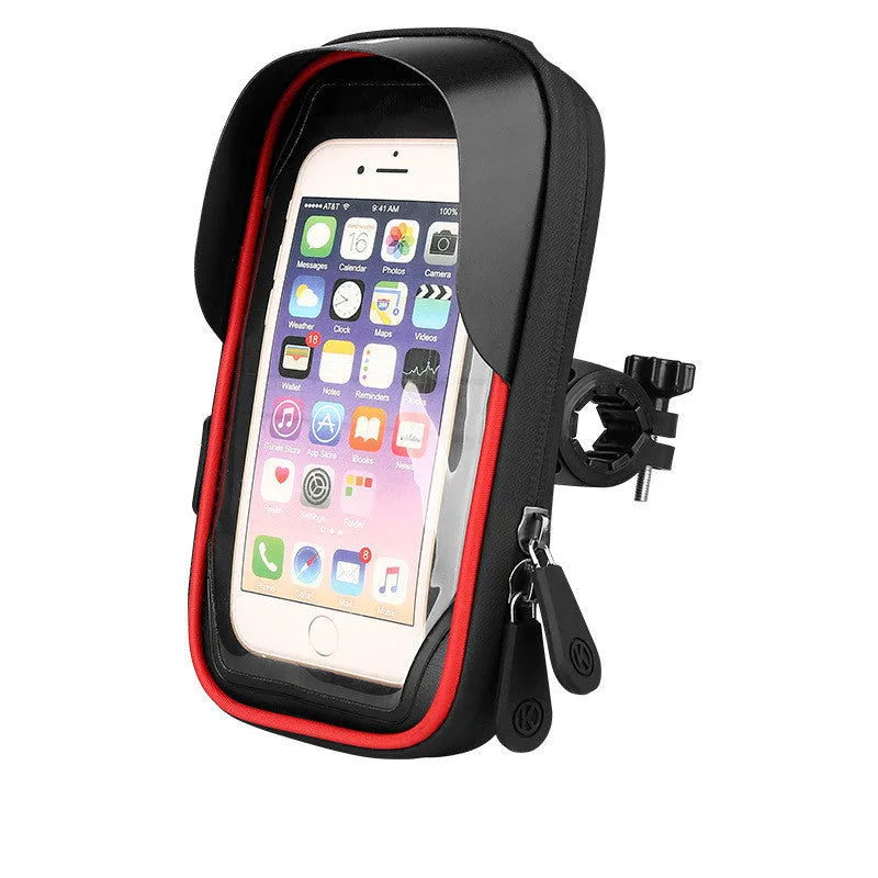 Black TPU mobile phone stand mounted on a bicycle handlebar, showing phone in use.