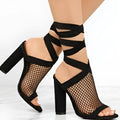 Women black flock cross strap lace up high heel sandals with square heel and buckle strap