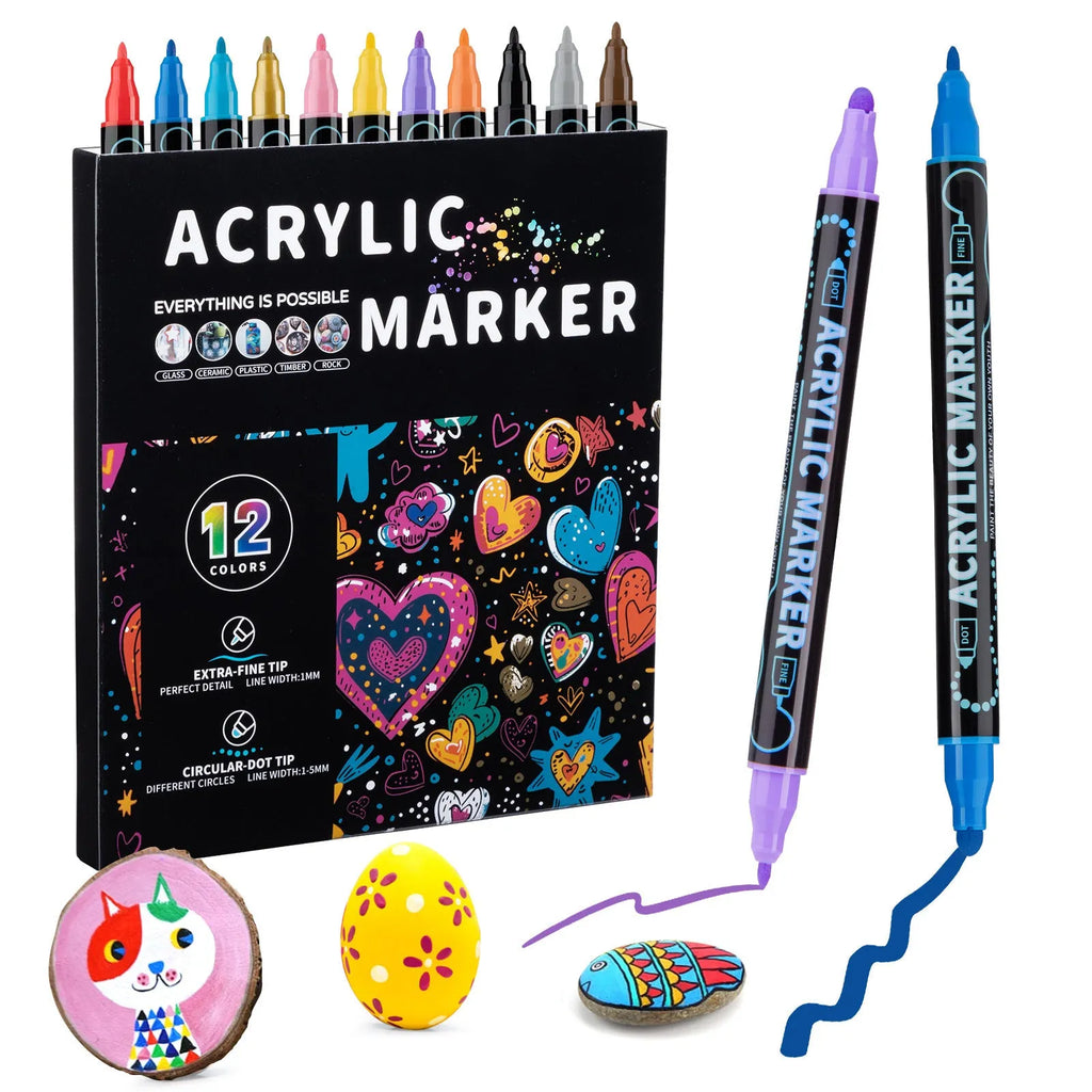 Household stackable dual-tip acrylic markers set showing fine and bullet points in a range of colours