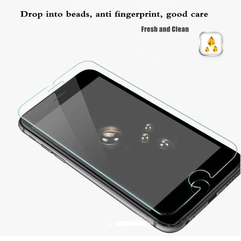 Tempered glass screen protector with 9H hardness for iPhone and Samsung phones.