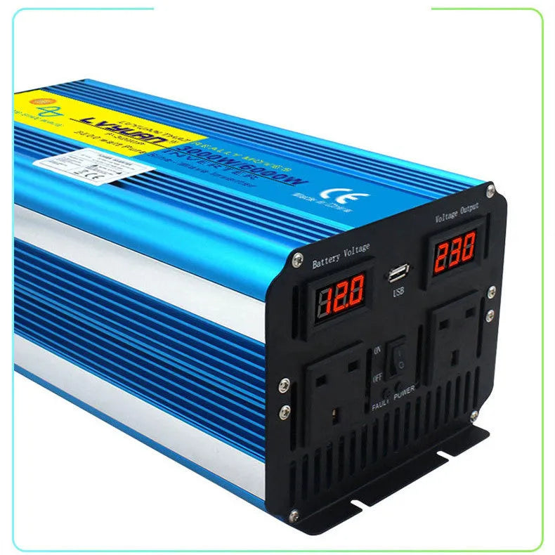 Blue 3000W dual digital display car power inverter with remote control and UK plug.