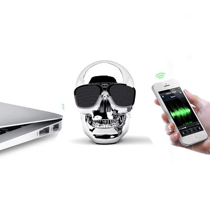 Skull-shaped wireless Bluetooth speaker with 10-hour battery in black, blue, gold, matte black, rose gold, or silver colours