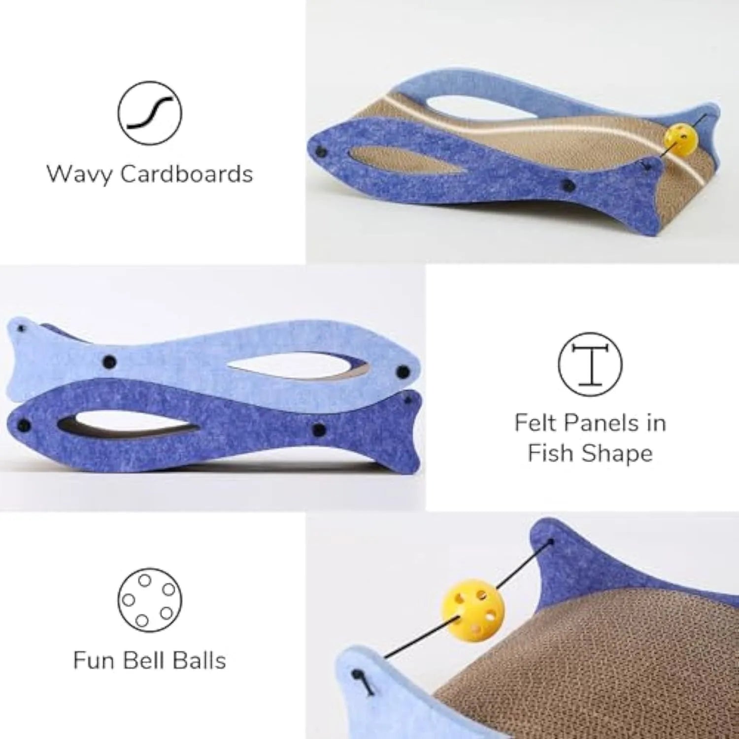 Blue fish-shaped cat scratcher pad with ball toy on elastic cord, cardboard construction with wavy lounge surface