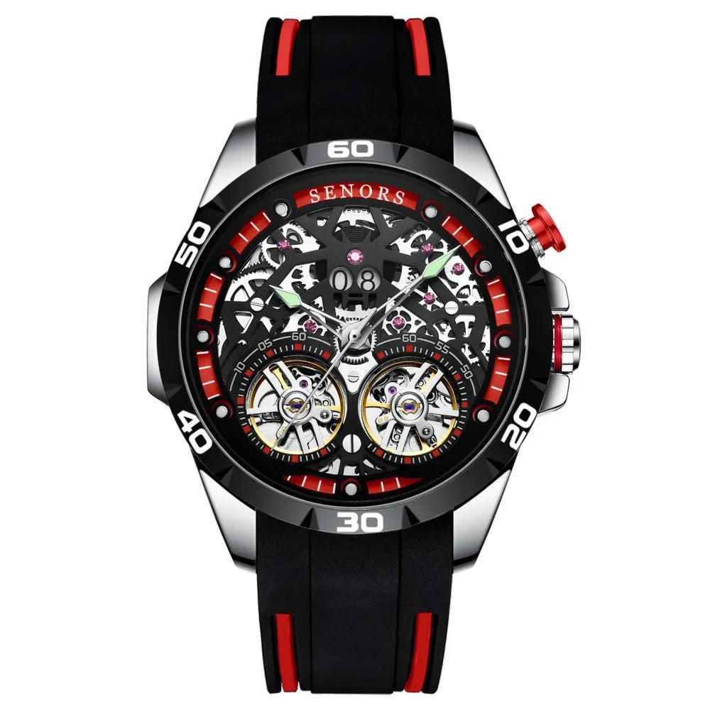 Men's automatic mechanical watch with luminous dial and hollow case design in red and blue colour options