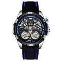 Men's automatic mechanical watch with luminous dial and hollow case design in red and blue colour options
