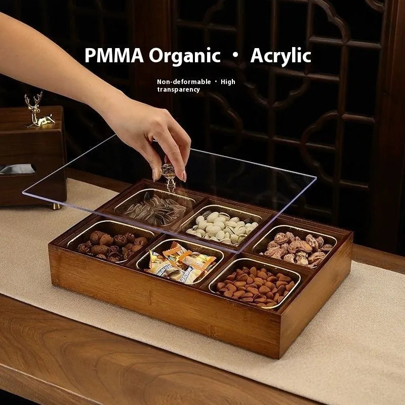 Solid wood acrylic dried fruit box with transparent grids in New Chinese style
