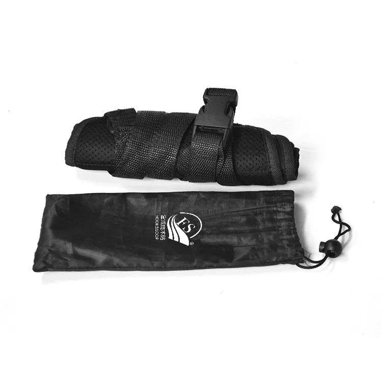 Black Oxford cloth portable foot hammock with adjustable straps for travel airplane use