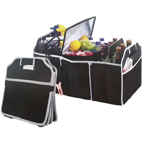 Car storage box built-in case folding box non-woven black with three compartments and multiple pockets