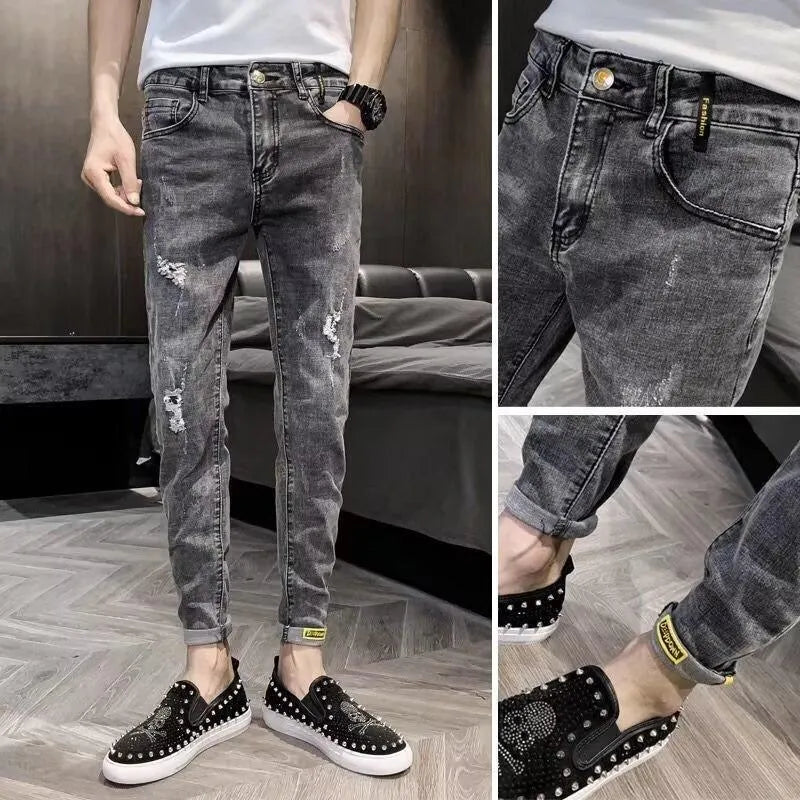 New Youth men's high-waist cotton denim trousers with high elasticity and button front, available in multiple sizes