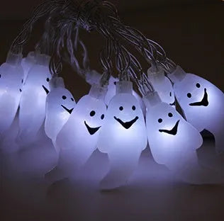 Halloween LED string lights with pumpkin, ghost and bat pendants on 1.2 metre white cord