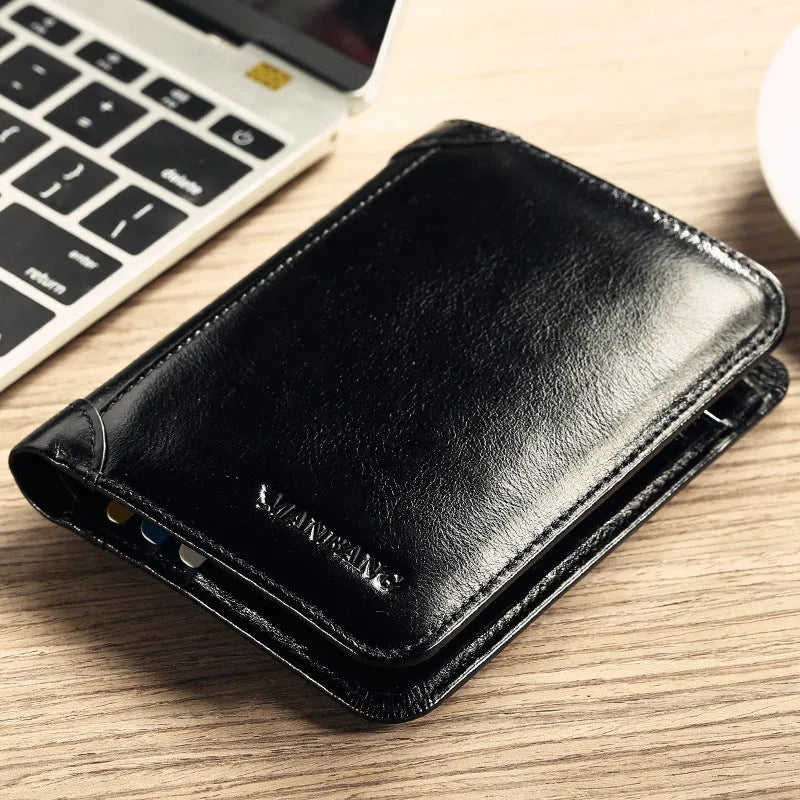Men's leather wallet showing internal compartments for banknotes, cards, coins, and documents