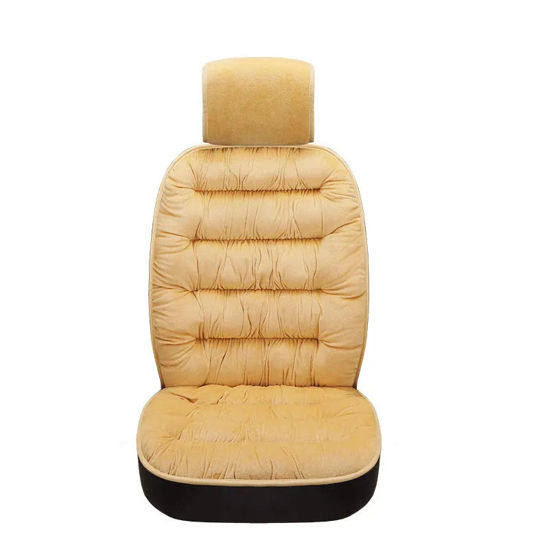 Universal winter warm plush car seat cushion set in beige, showing front seat cover with elastic fixings on a car interior