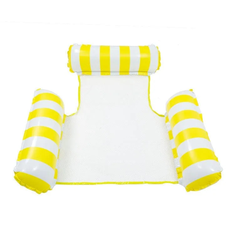 Striped inflatable floating bed in light blue and white, 124x99cm, on pool water surface