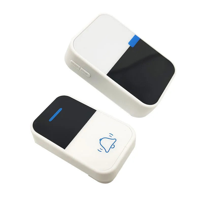 White plastic wireless doorbell kit with self-generating button and 150-metre range