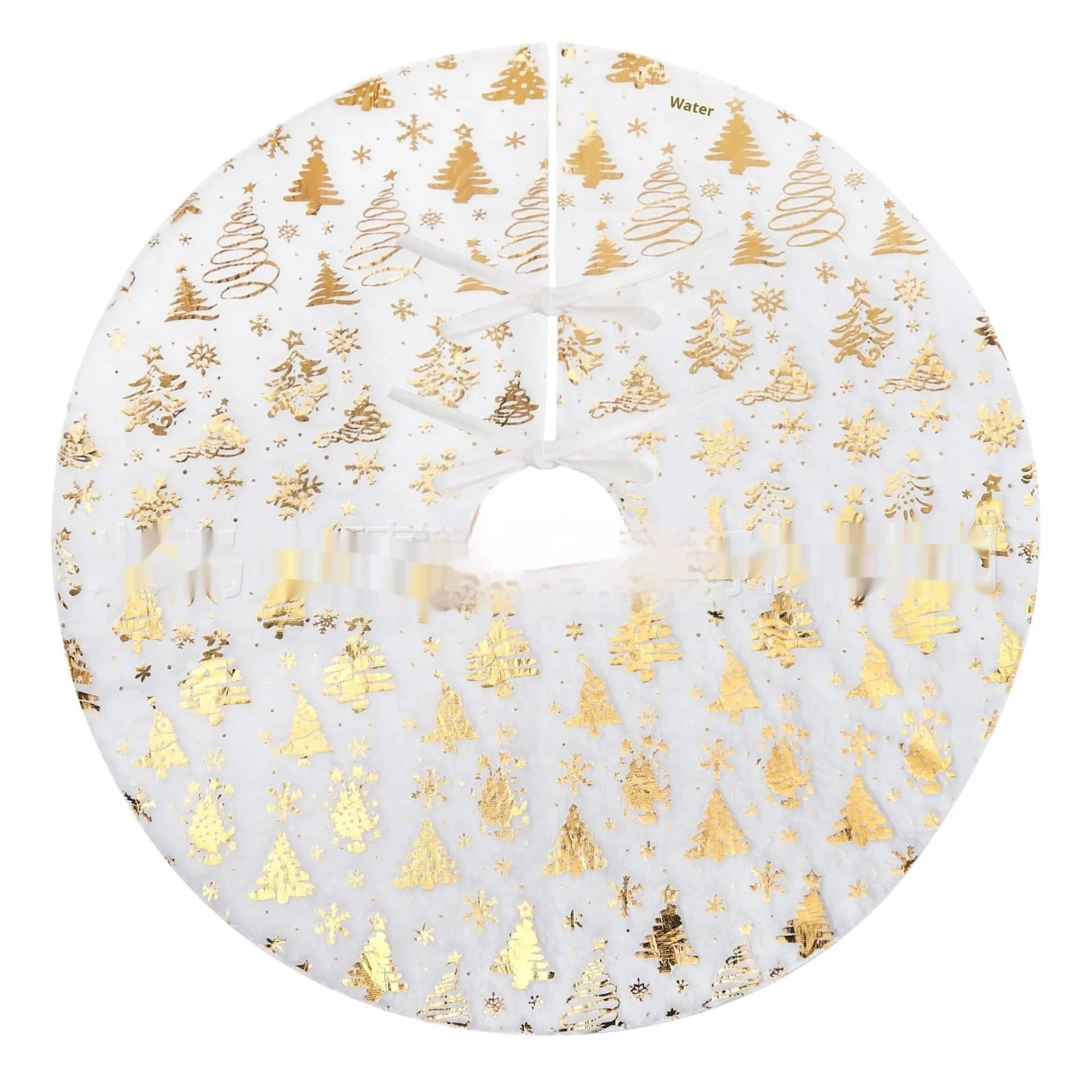 Plush red and green Christmas tree floor mat with snowflake design on a wooden floor.