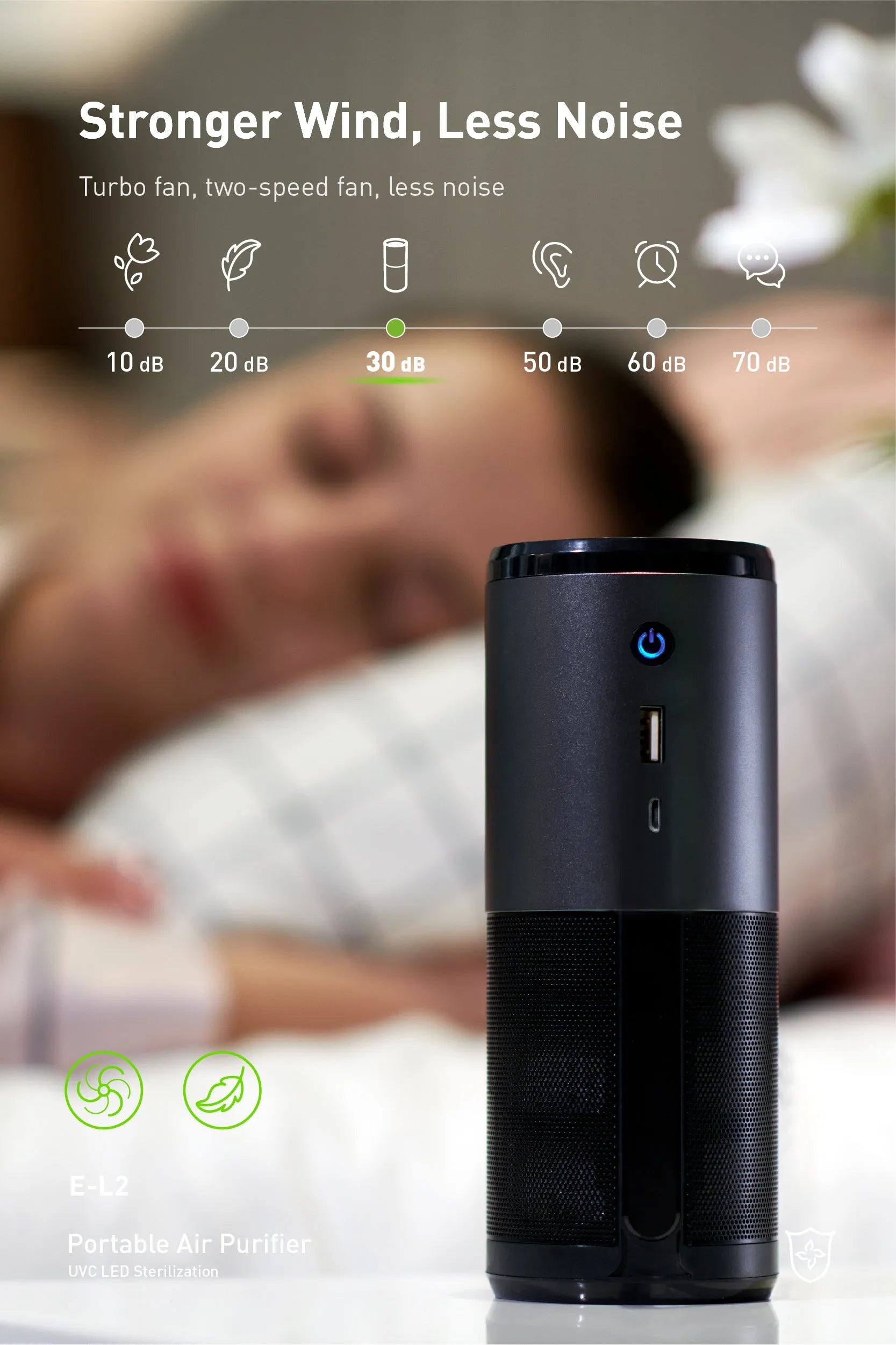 Black portable mini car air purifier with USB cable on a car dashboard