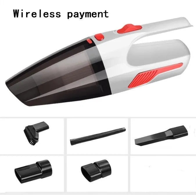 Handheld 120W car vacuum cleaner with brush and long nozzle, black wired model, on car seat