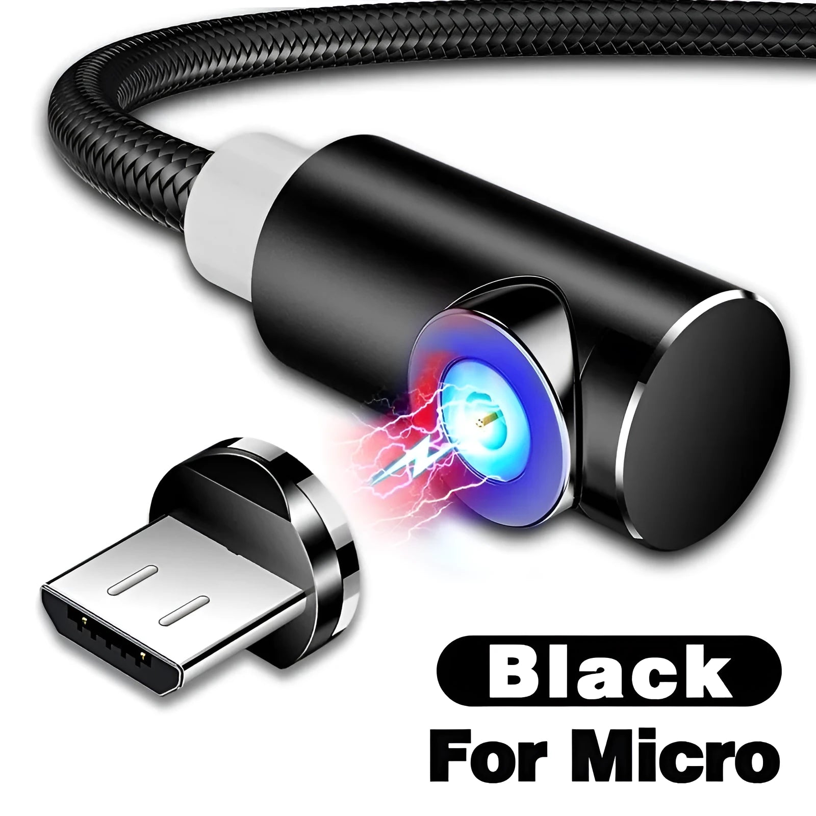 Black L-shaped magnetic charging cable with aluminium connectors for Micro USB, Lightning, and Type-C phones.