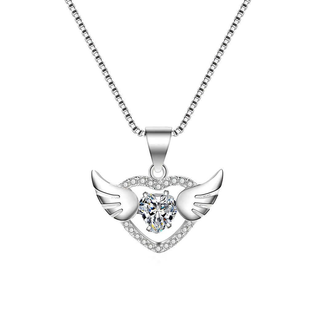 S925 sterling silver angel wings pendant necklace on model – 17mm wing charm with Swiss 4A zirconium diamond, silver colour, electroplated polished finish