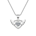 S925 sterling silver angel wings pendant necklace on model – 17mm wing charm with Swiss 4A zirconium diamond, silver colour, electroplated polished finish