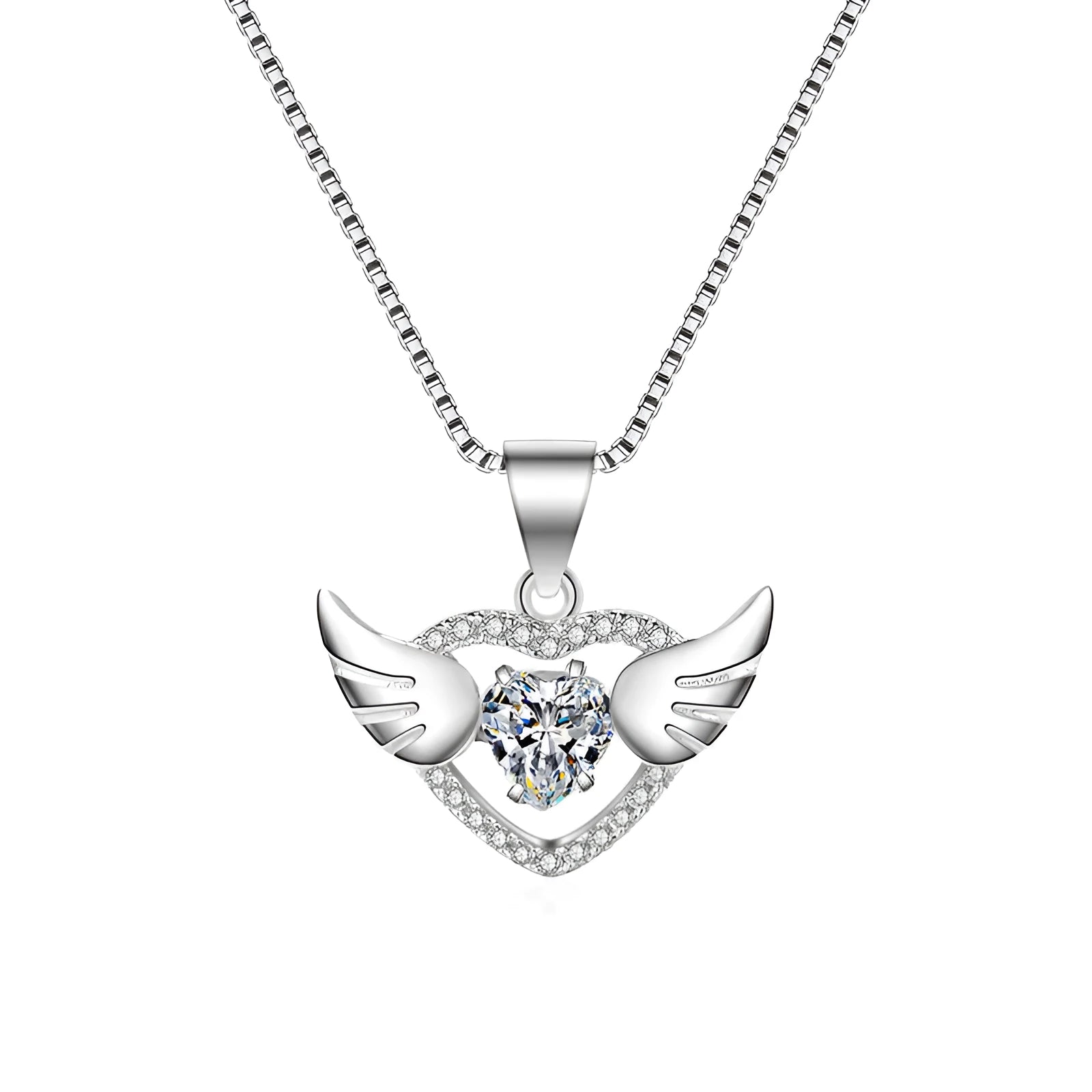 S925 sterling silver angel wings pendant necklace on model – 17mm wing charm with Swiss 4A zirconium diamond, silver colour, electroplated polished finish