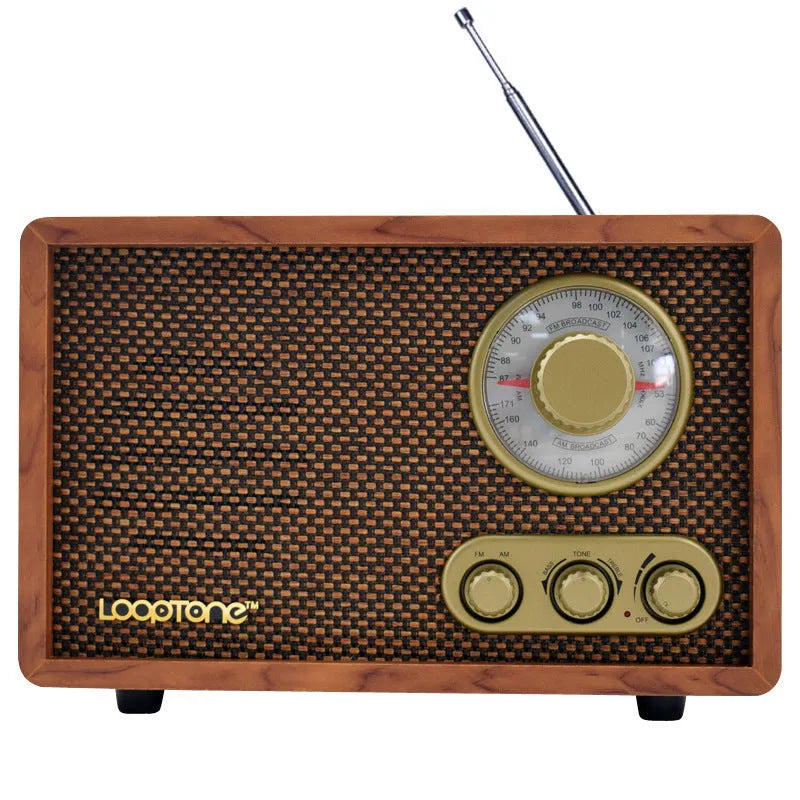 R08 wooden retro Bluetooth radio in dark brown finish with AM FM dial and tone controls