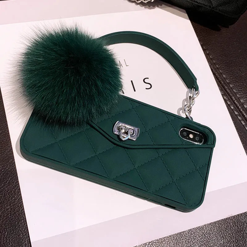 Soft fuzzy textured TPU back cover case for iPhone in a dark green grid pattern.
