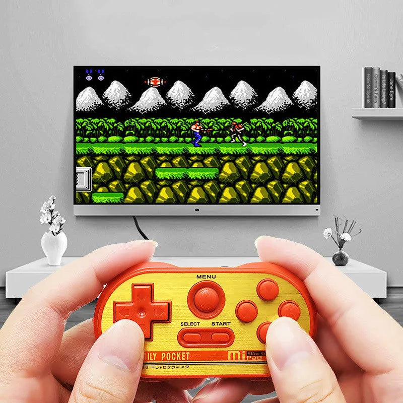 Mini handheld video game console with 20 built-in NES games, shown in black, measuring 85x45x15mm with AV output cable