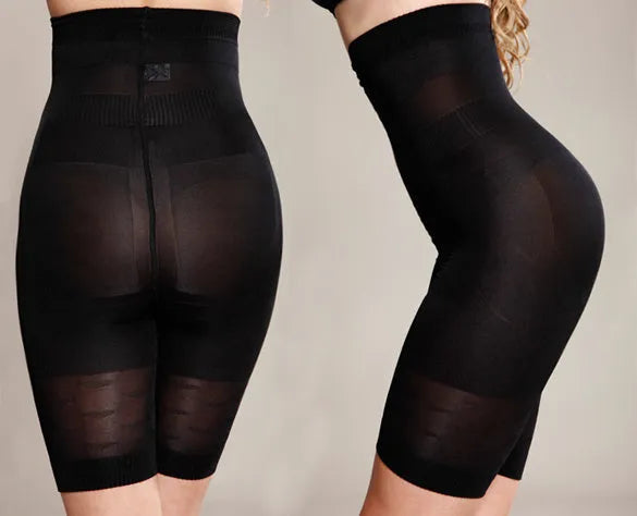 Women's black seamless high-waist shapewear short laying flat.