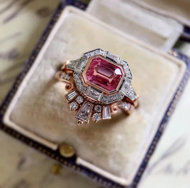 Women's geometric ruby fashion ring in rose gold colour alloy metal