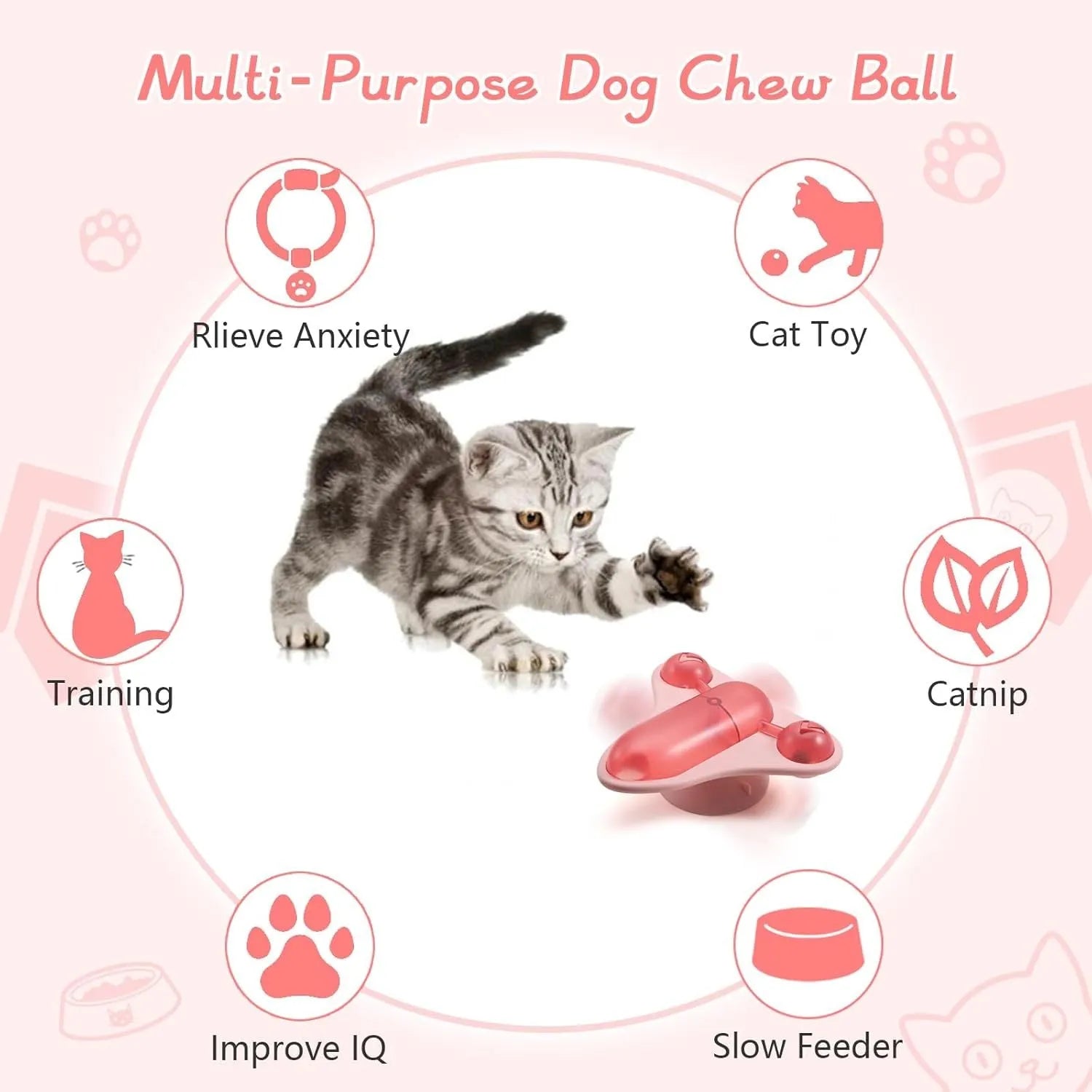 Blue interactive pet puzzle toy with bell, catnip, and clear snack cabin on a suction cup base.