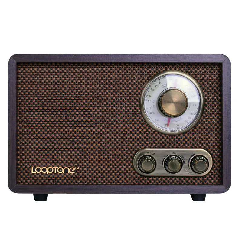 R08 wooden retro Bluetooth radio in dark brown finish with AM FM dial and tone controls