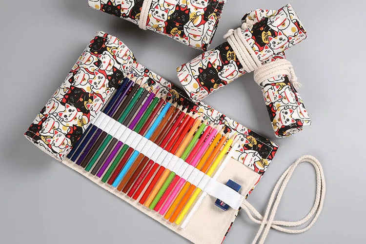 Canvas pencil wrap roll up case with elastic bands and custom print design