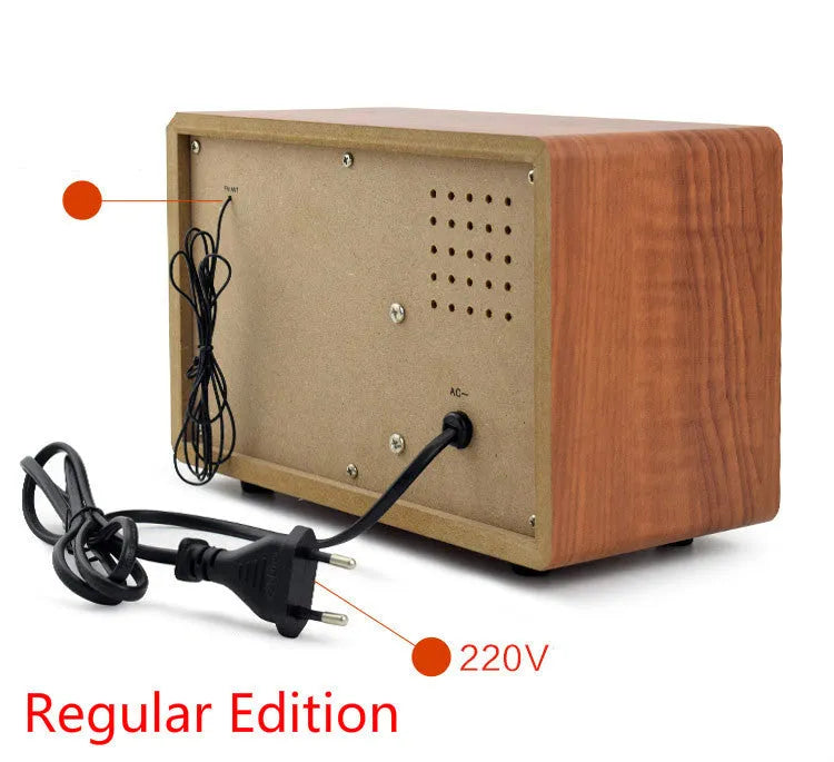 R08 wooden retro Bluetooth radio in dark brown finish with AM FM dial and tone controls