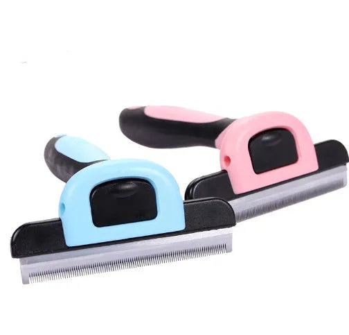 Pet hair removal comb for long straight hair pets in three sizes S M L and blue or pink colour options
