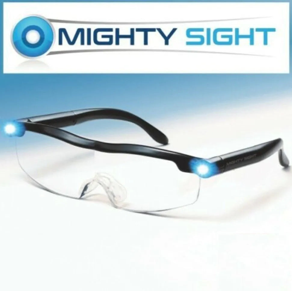 Transparent black USB reading glasses with integrated LED lights on the frame.